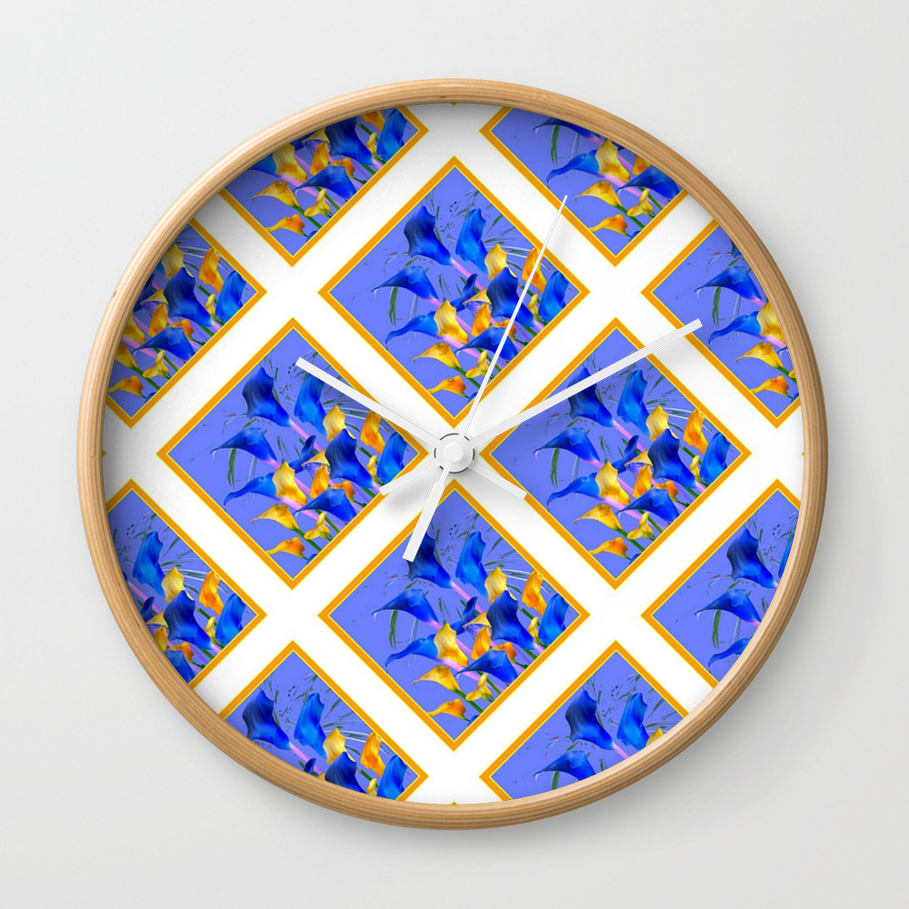 Patterned Modern Abstract Blue Gold Calla Lilies Wall Clock By