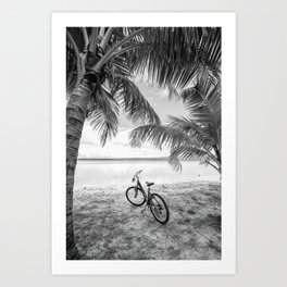 Ride to the Lagoon Art Print | Travel, Sand, Scenic, Photo, Aitutaki, Tropical, Black And White, Palmtree, Digital, Bicycle 
