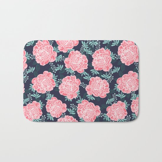 Peony Flowers navy pink and white modern colors for office home or college dorm decor Bath Mat
