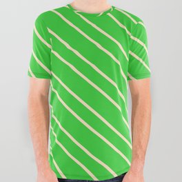 [ Thumbnail: Lime Green & Bisque Colored Stripes Pattern All Over Graphic Tee ]