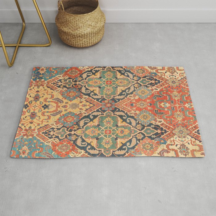 Geometric Leaves VIII // 18th Century Distressed Red Blue Green Colorful Ornate Accent Rug Pattern Rug