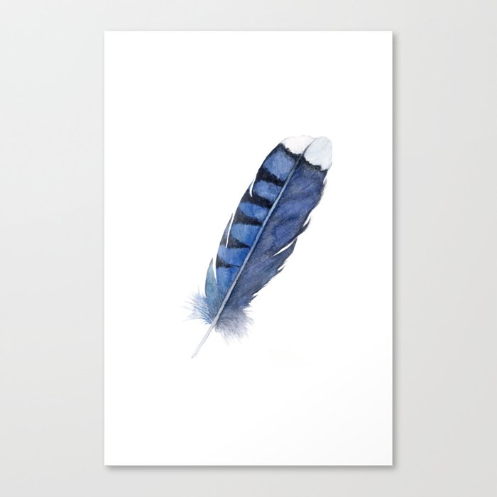 Blue Jay Feather , Blue Feather, Watercolor Feather, Watercolor painting by Suisai Genki Canvas Print