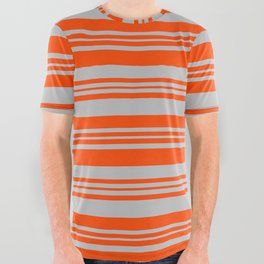 [ Thumbnail: Red and Grey Colored Lined Pattern All Over Graphic Tee ]