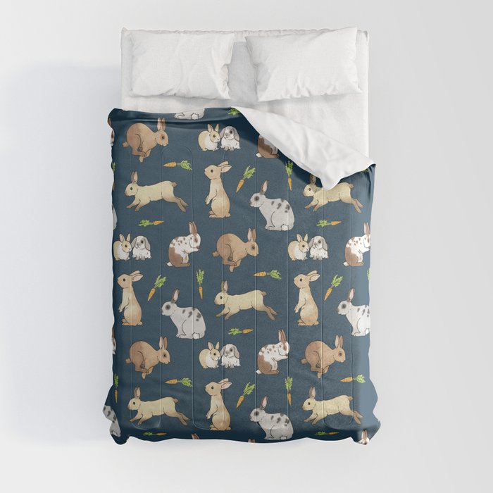 Rabbits on navy background Comforter