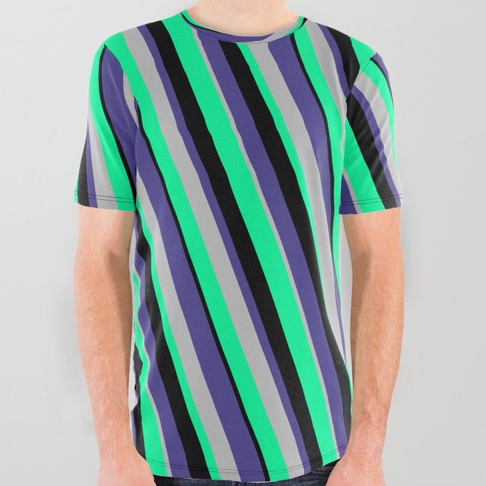 Dark Slate Blue, Grey, Green, and Black Colored Lines/Stripes Pattern All Over Graphic Tee