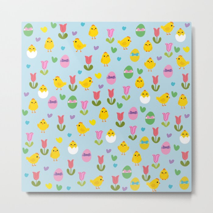 Easter - chick and tulips pattern Metal Print