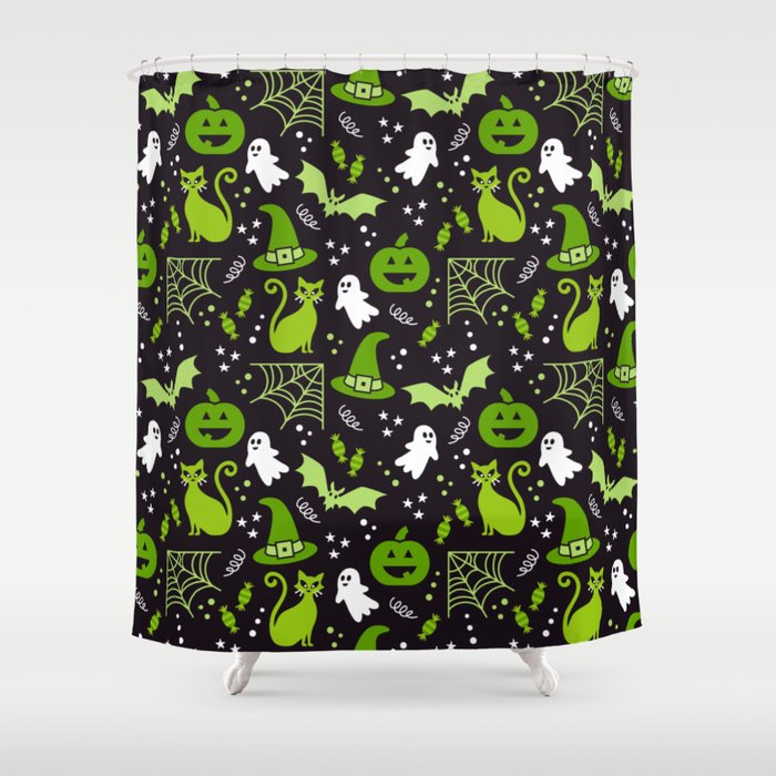 Halloween party illustrations green, black Shower Curtain