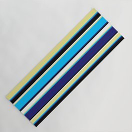 [ Thumbnail: Tan, Deep Sky Blue, Midnight Blue, Black & White Colored Lines Pattern Yoga Mat ]