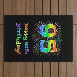 [ Thumbnail: 95th Birthday - Fun Rainbow Spectrum Gradient Pattern Text, Bursting Fireworks Inspired Background Outdoor Rug ]