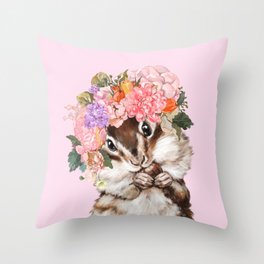 Baby Squirrel with Flowers Crown in Pink Throw Pillow