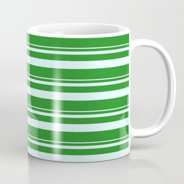 [ Thumbnail: Light Cyan and Forest Green Colored Lined Pattern Coffee Mug ]
