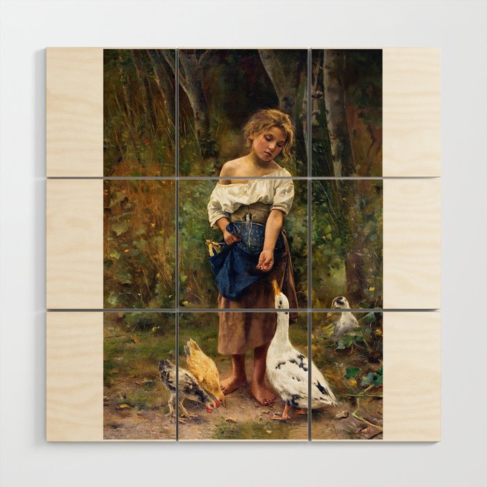 Joan Brull Vinyoles Girl Feeding a Goose and Chickens Wood Wall Art