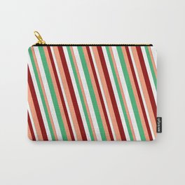 [ Thumbnail: Sea Green, White, Dark Red & Light Salmon Colored Lines/Stripes Pattern Carry-All Pouch ]