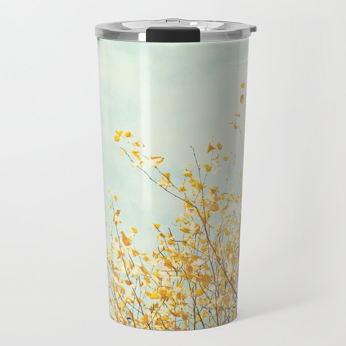 Yellow Tree Leaves Mint Sky Photography Nature Turquoise Teal Gold Aqua Travel Mug By Carolyncochrane