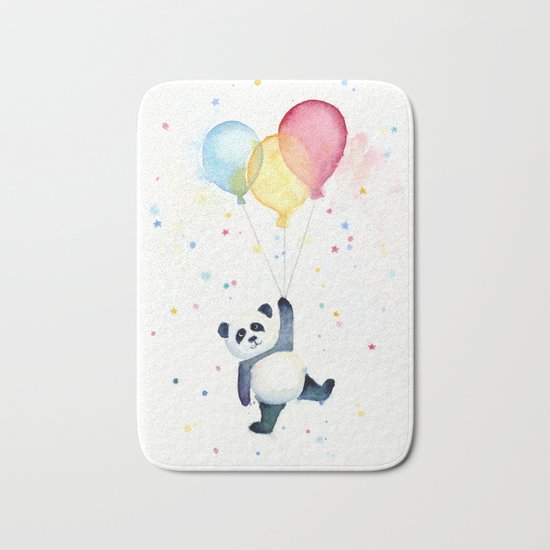 Birthday Panda Balloons Cute Animal Watercolor Bath Mat