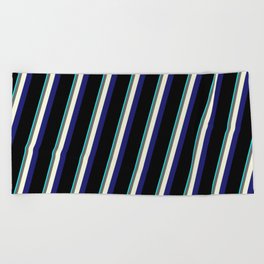[ Thumbnail: Eye-catching Aqua, Dim Gray, Beige, Midnight Blue & Black Colored Stripes Pattern Beach Towel ]