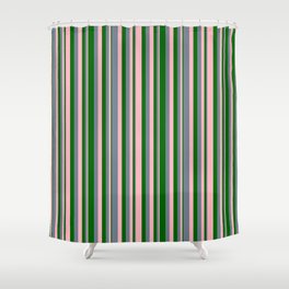[ Thumbnail: Light Pink, Slate Gray & Dark Green Colored Pattern of Stripes Shower Curtain ]