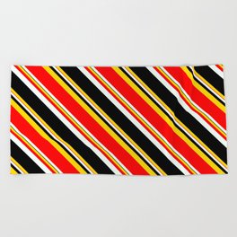 [ Thumbnail: Yellow, Red, Mint Cream, and Black Colored Pattern of Stripes Beach Towel ]