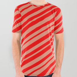 [ Thumbnail: Dark Salmon & Red Colored Striped Pattern All Over Graphic Tee ]