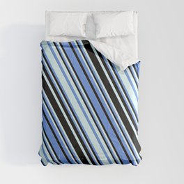 [ Thumbnail: Cornflower Blue, Black, and Light Cyan Colored Striped Pattern Comforter ]