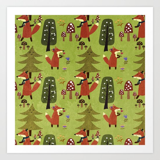 Happy foxes in the forest - Cute Fox Pattern Art Print