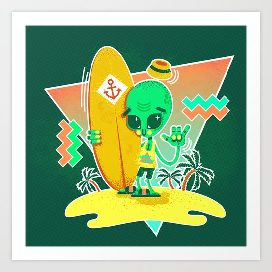 Alien Surfer Nineties Pattern Art Print