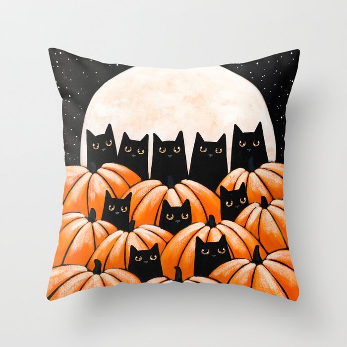 Black Cats in the Pumpkin Patch Throw Pillow
