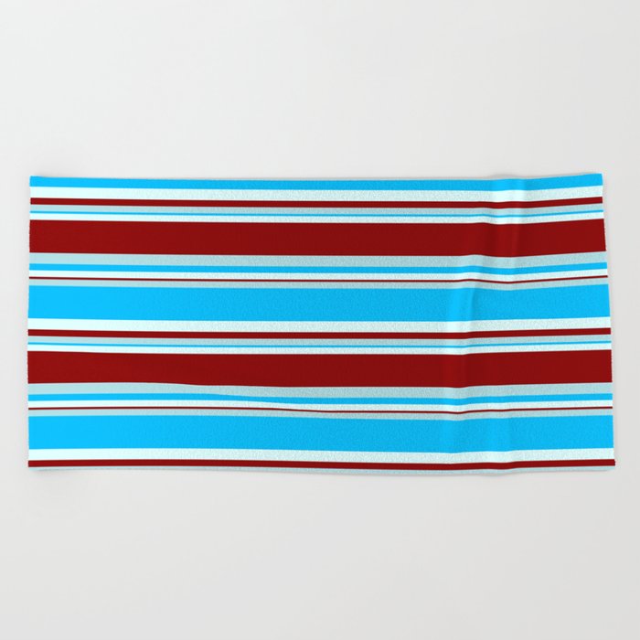 Powder Blue, Deep Sky Blue, Light Cyan & Dark Red Colored Stripes Pattern Beach Towel