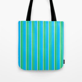 [ Thumbnail: Deep Sky Blue, Lime Green, and Powder Blue Colored Striped Pattern Tote Bag ]