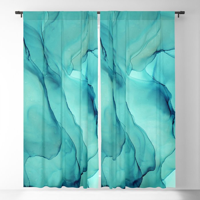 Turquoise Ink Waves Abstract Alcohol Ink Blackout Curtain