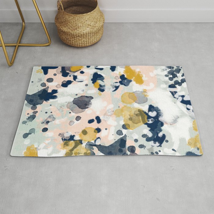 Noel - navy mint gold painted abstract brushstrokes minimal modern canvas art painting Rug