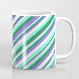 [ Thumbnail: Purple, Mint Cream, Aquamarine & Sea Green Colored Striped Pattern Coffee Mug ]