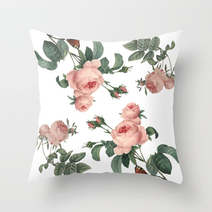 Rose Garden Butterfly Pink on White Throw Pillow