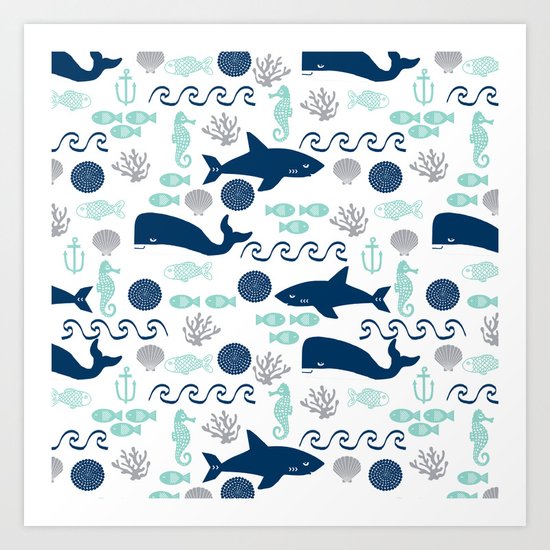 Nautical ocean animals sharks whales seahorses wave pattern sea life Art Print