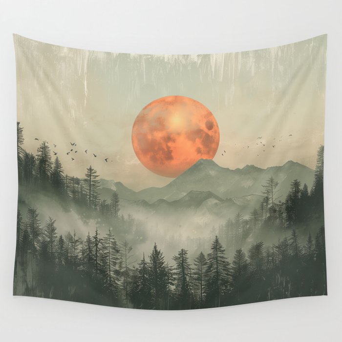 Mountain Forest Foggy Summer Sunrise Adventure II Wall Tapestry