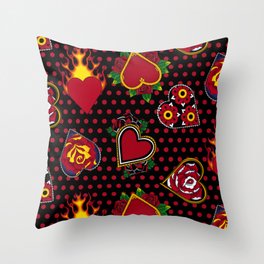 Tattoo Hearts on Black with Red Polka Dots  Throw Pillow