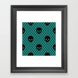 Black skulls Lace Gothic Pattern on Turquoise Green Framed Art Print