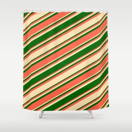 [ Thumbnail: Beige, Dark Green & Red Colored Lined Pattern Shower Curtain ]