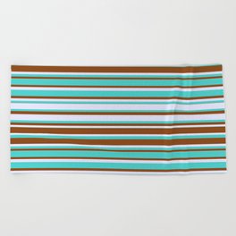 [ Thumbnail: Lavender, Turquoise, and Brown Colored Lines Pattern Beach Towel ]