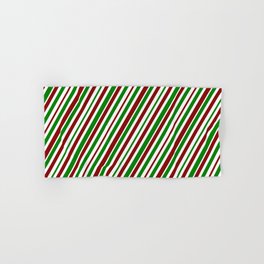 [ Thumbnail: Christmas Themed Red, White, and Green Colored Striped Pattern Hand & Bath Towel ]
