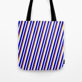 [ Thumbnail: Light Yellow, Blue & Chocolate Colored Lined/Striped Pattern Tote Bag ]