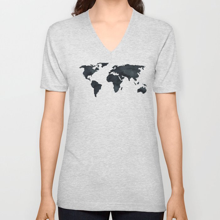 World Map Black Watercolor Ink V Neck T Shirt