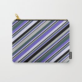 [ Thumbnail: Eyecatching Grey, Dark Slate Gray, Slate Blue, Lavender, and Black Colored Lines/Stripes Pattern Carry-All Pouch ]
