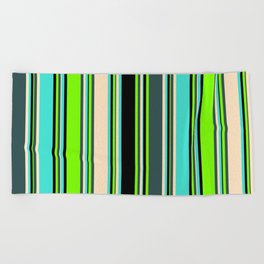 [ Thumbnail: Eyecatching Green, Dark Slate Gray, Bisque, Turquoise, and Black Colored Lined Pattern Beach Towel ]