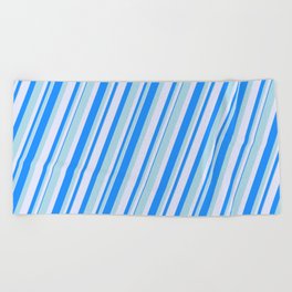 [ Thumbnail: Blue, Light Blue & Lavender Colored Lined/Striped Pattern Beach Towel ]