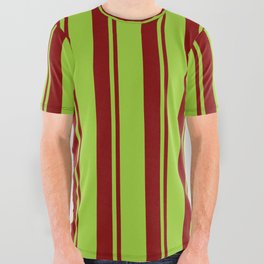 [ Thumbnail: Green and Maroon Colored Striped Pattern All Over Graphic Tee ]