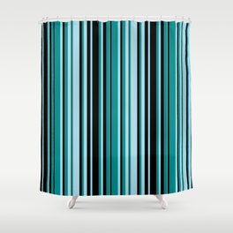 [ Thumbnail: Light Blue, Dark Cyan & Black Colored Striped Pattern Shower Curtain ]
