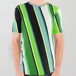 [ Thumbnail: Colorful Forest Green, Light Sky Blue, Green, White, and Black Colored Pattern of Stripes All Over Graphic Tee ]