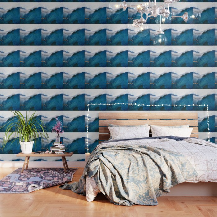 In the Surf: a vibrant minimal abstract painting in blues and gold Wallpaper