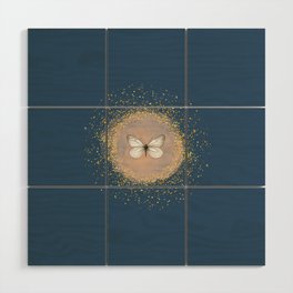 Hand-Drawn Butterfly and Gold Circle Frame on Pastel Dark Blue Wood Wall Art